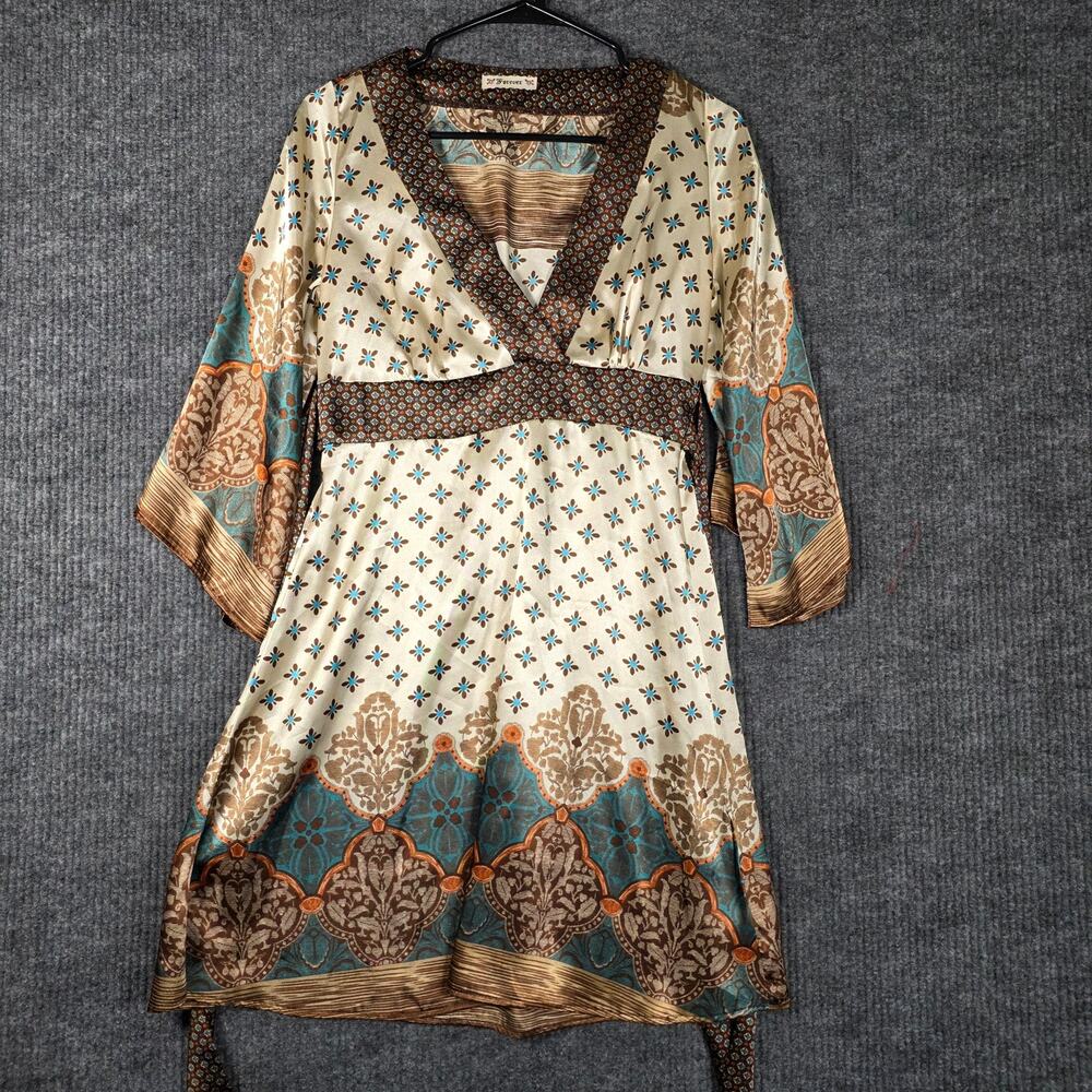 Forever 21 Boho Print Empire Waist Dress Tie Back V Neck Small